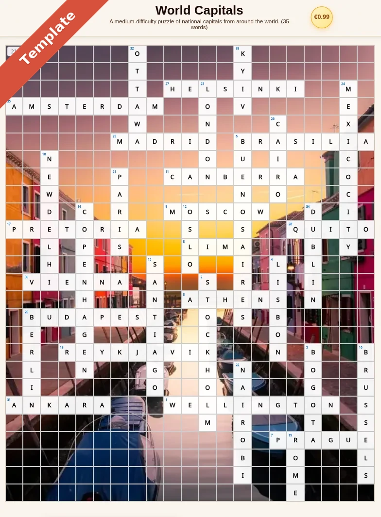 World Capitals crossword styled with a colourful sunset background image
