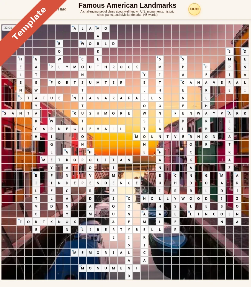 Famous American Landmarks crossword styled with a custom photo background