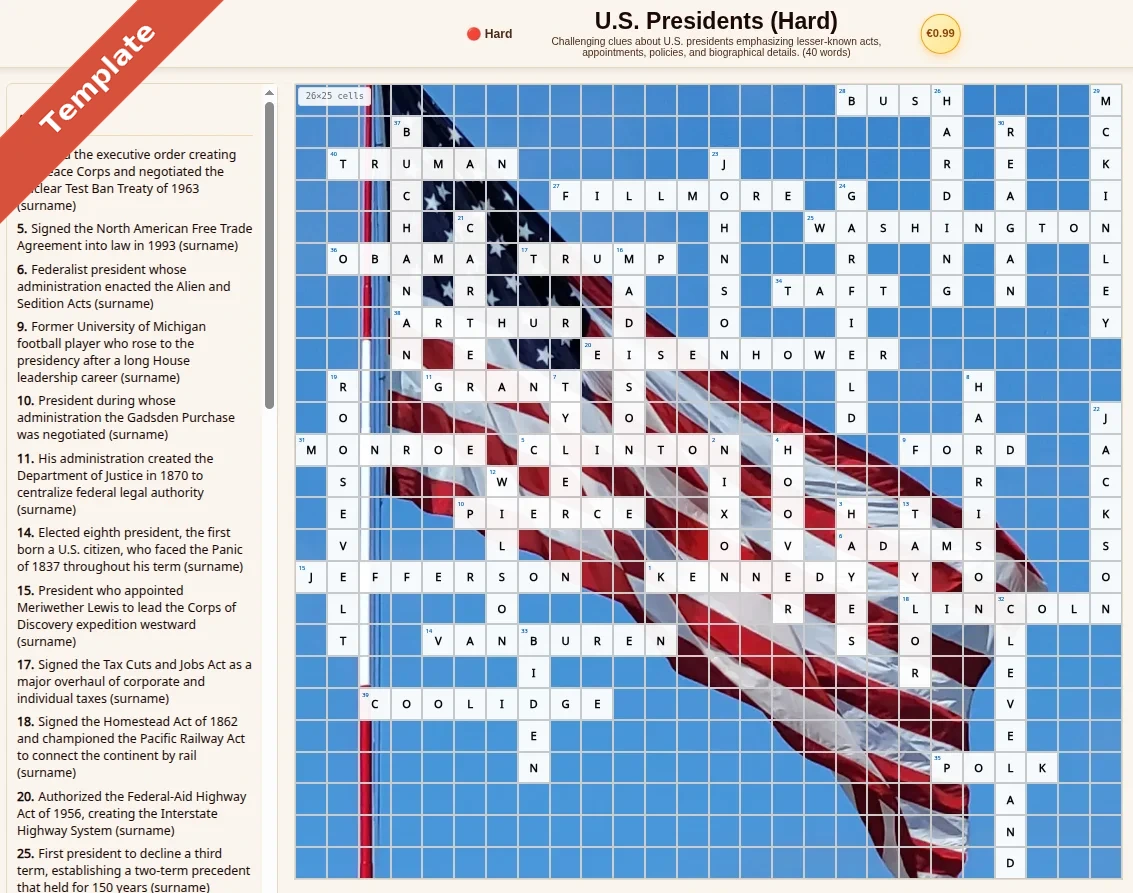 U.S. Presidents crossword styled with a U.S. flag background image